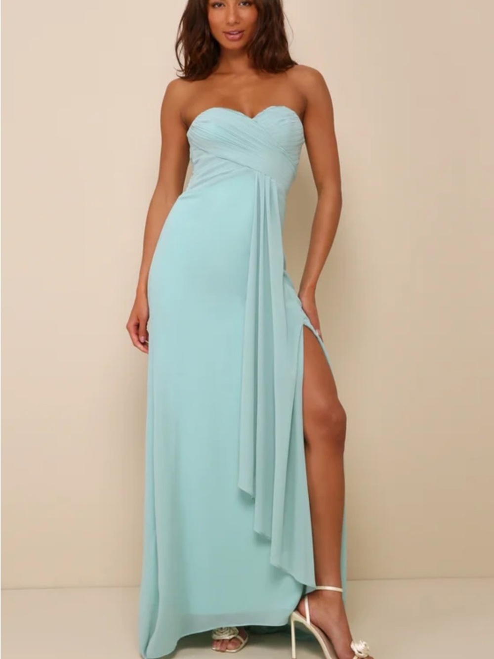 Lulu’s Splendid Aura Sage Green Chiffon Pleated Strapless Maxi Dress Size L
